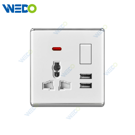 S2-W Home Switches 13A MF Switched Socket with Light Ring+2USB 250V Light Electric Wall Switch Socket PC Material with Chrome Frame