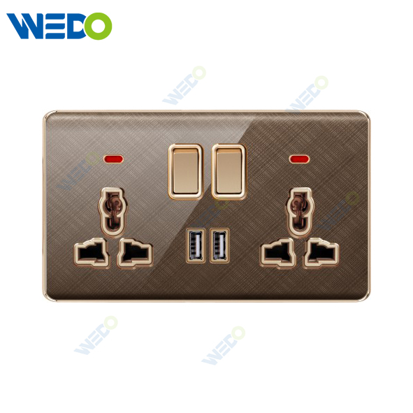K2-b Series Double 13A MF Switched Socket with LED Light Ring +2USB 250V Light Electric Wall Switch Socket 86*86cm PC Material with Chrome Frame Home Switches