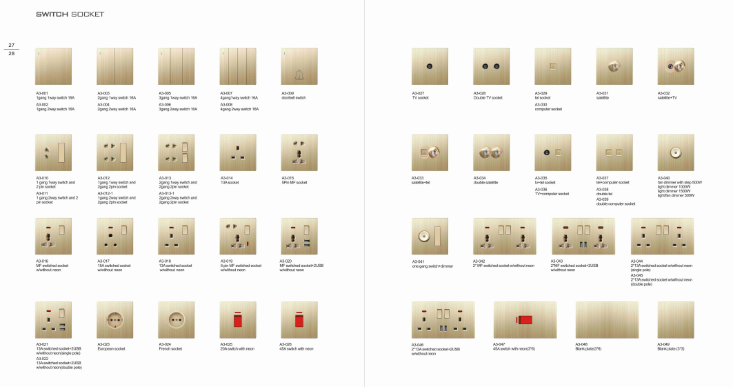 ULTRA THIN A3 Series 4Gang 2way 16A 220V Switch and Socket Different Color Different Style Fashion Design Wall Switch 